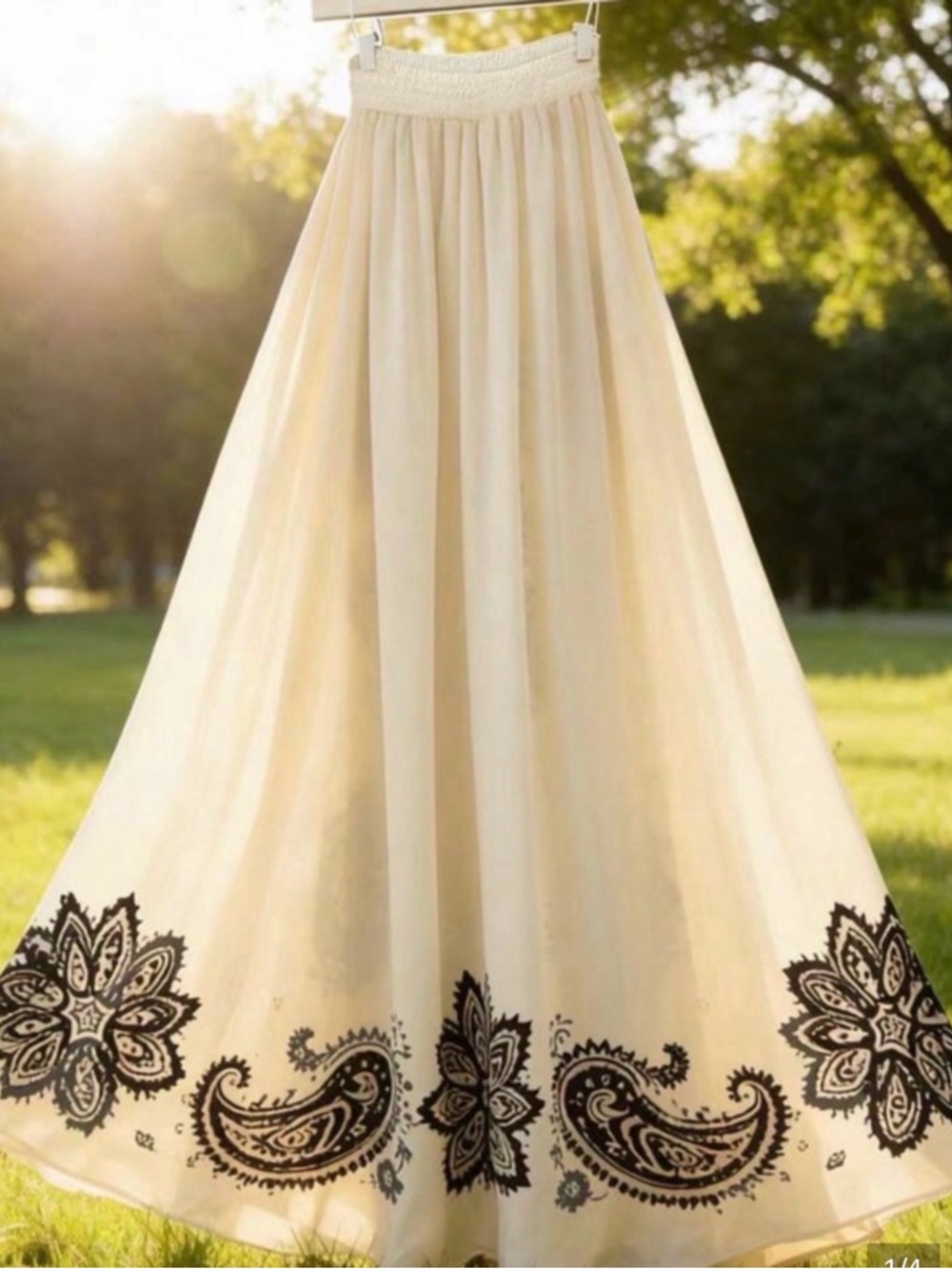 Cream A-Line Skirt with Black Paisley Embroidery